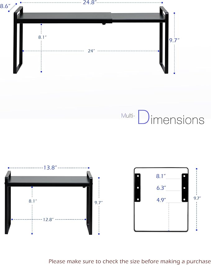 Nxconsu Cabinet Shelf Expandable Height Adjustable Organizer Riser for Kitchen Cabinet Pantry Cupboard Under Sink Countertop Organization Storage Space Saver Stackable Heavy Duty Metal Black