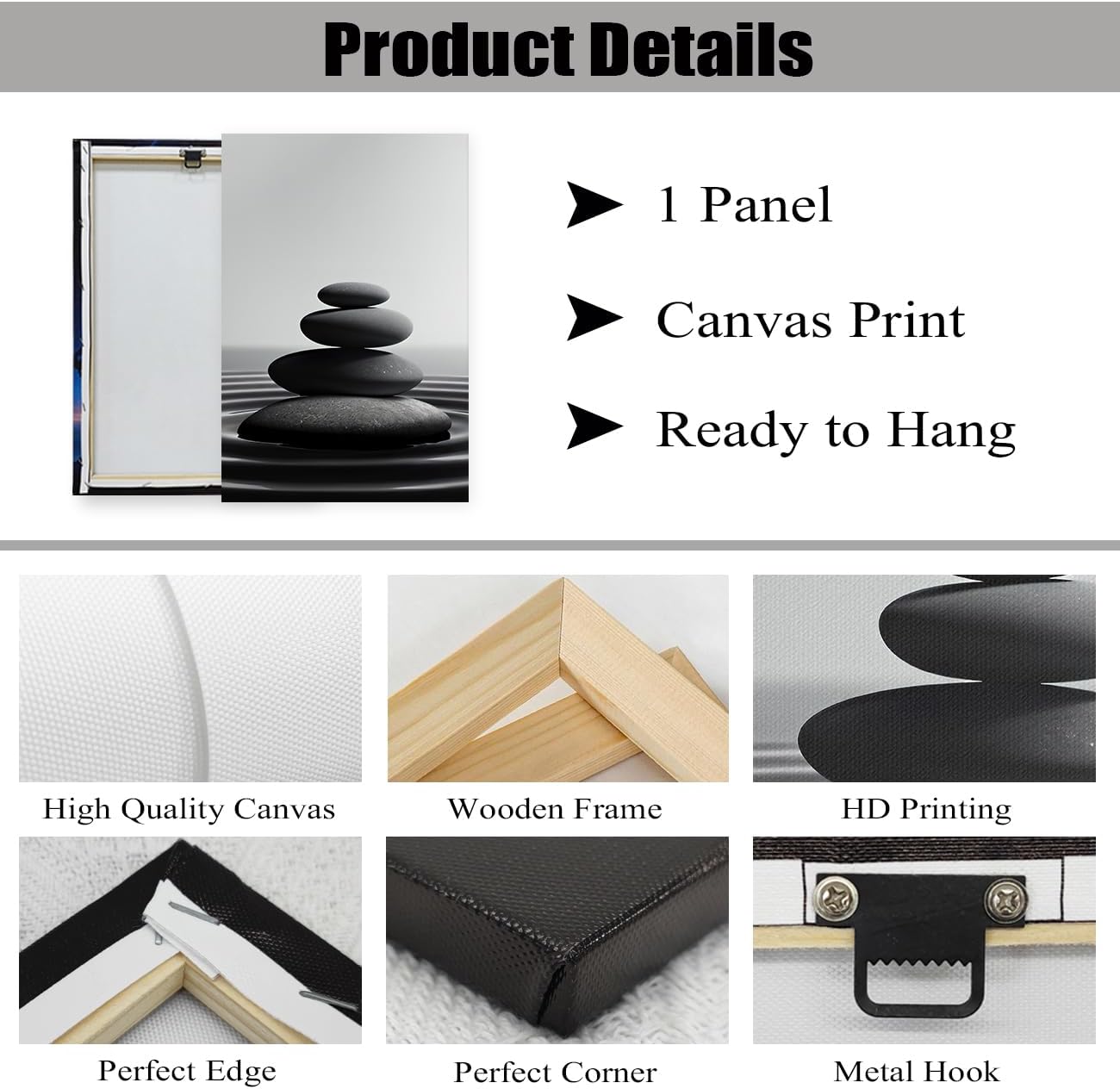 DOARTDO Zen Stone Canvas Wall Art Black and White Spa Stones Picture Print Modern Meditation Spirit Bathroom Decor Frame (20.00" x 30.00", Zen Stone - 1)