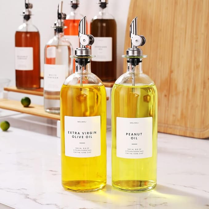 Molimoli Oil and Vinegar Dispenser with Metal Pour Spout, Weighted Pourer, Glass Bottle Dispenser for Kitchen, Olive Oil Cruet, Glass Olive Oil Bottle | 500ml, Set of 2