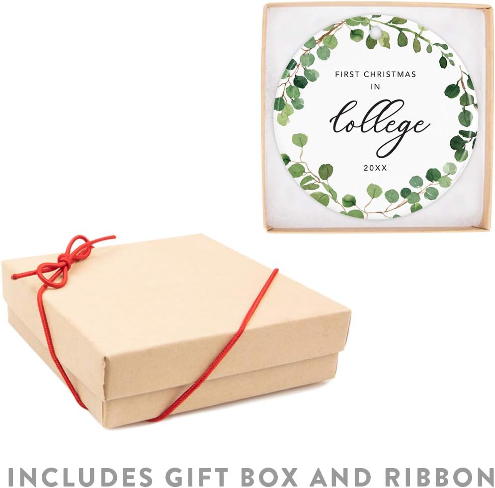 Andaz Press Custom Year Round Ceramic Porcelain Christmas Tree Ornament Keepsake Collectible Gift, First Christmas in College 2025, Farmhouse Eucalyptus Wreath, 1-PackGraduation Gift Ideas