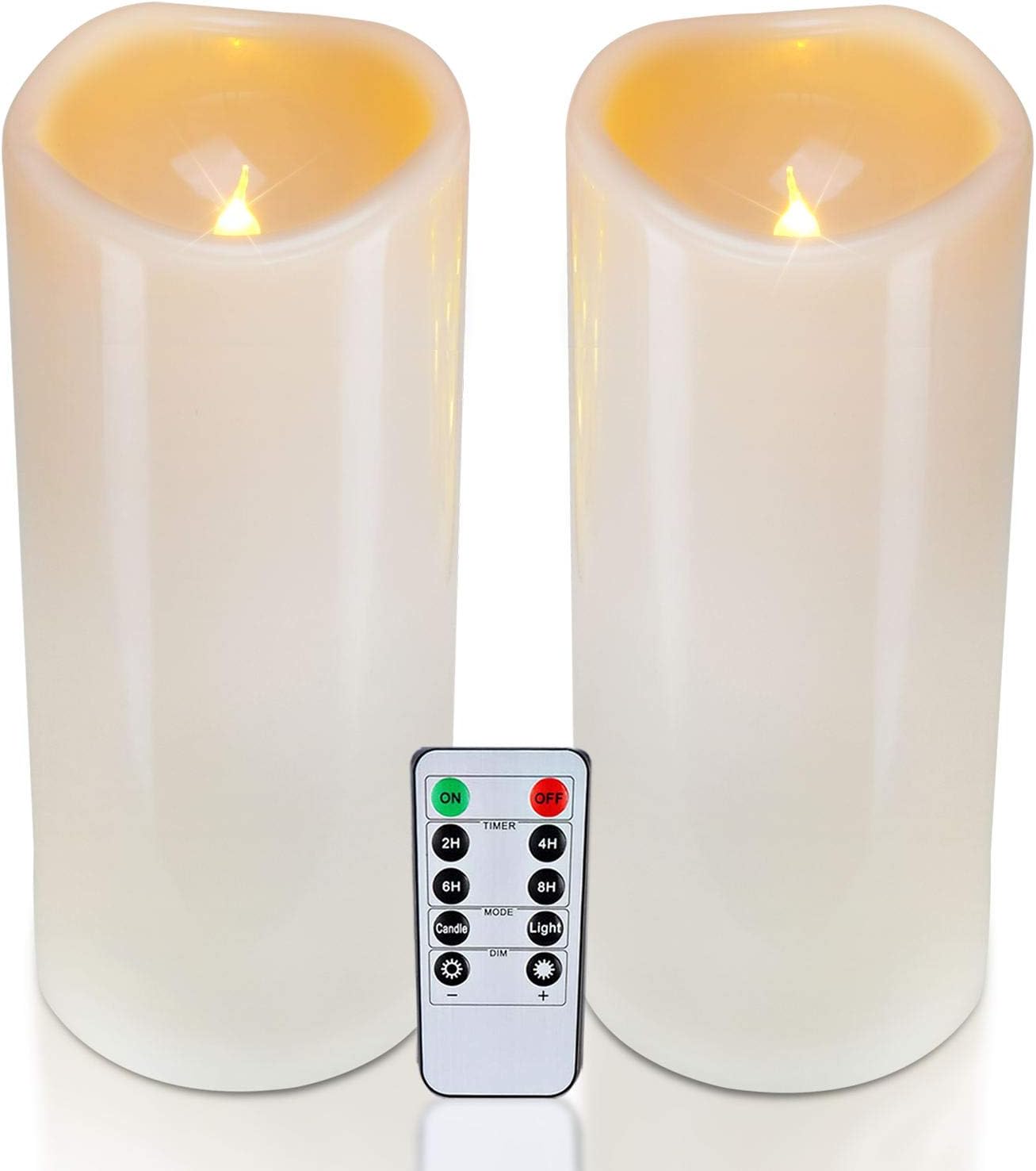 Homemory 4" x 10" Large Waterproof Outdoor Flameless Candles, Battery Operated LED Pillar Candles with Remote and Timers for Indoor Outdoor Lanterns, Long Lasting, Dark Ivory, Set of 2