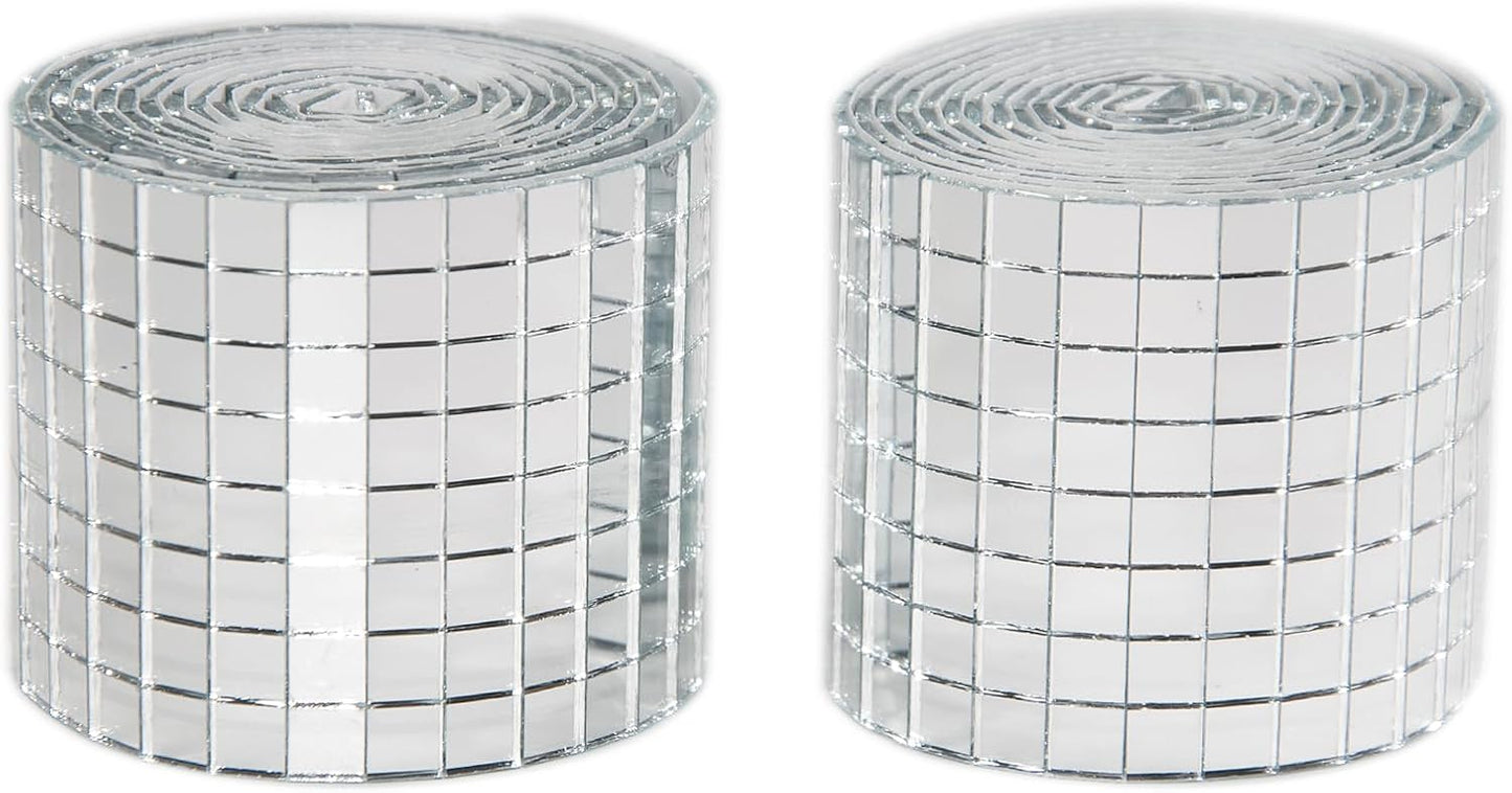 Silver Self-Adhesive Glass Mirror Mosaic Tiles, 5 x 5 mm Square Mirror Tiles, 3200 Pieces Disco Ball Tiles for DIY Craft, 2 Rolls Disco Mirror Tiles for Interior, Art Collage, Card Making, Cups
