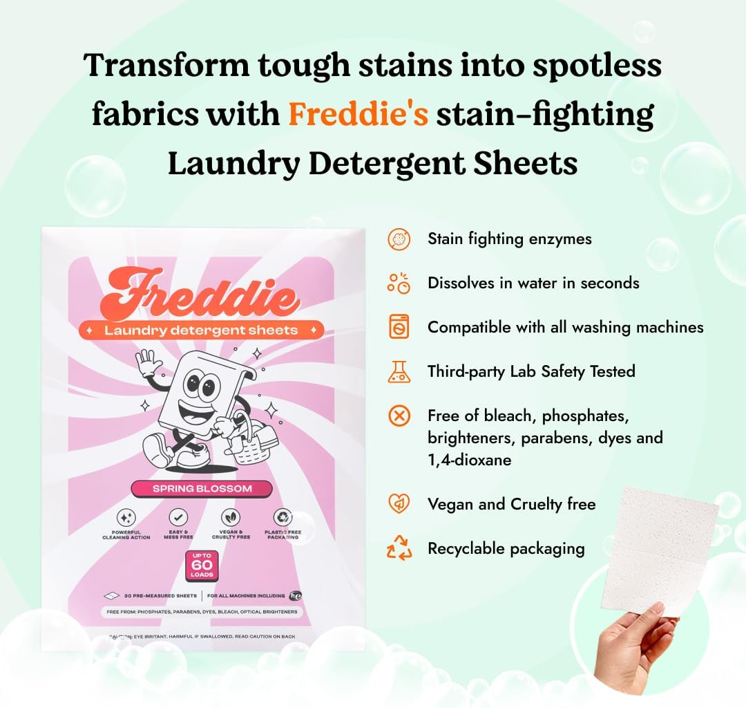 Freddie Laundry Detergent Sheets - Recyclable Packaging - No Mess Strips - 60 Loads - Floral Spring Blossom Scent