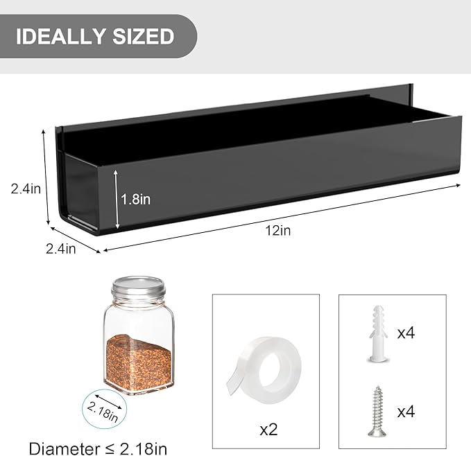 PMMASTO Adhesive Acrylic Spice Rack Organizer for Wall with Nano Double Sided Tape, Spice Shelf Organization for Kitchen Cabinet Door/Pantry Door, Wall Mount Seasoning Rack (Black - 4 Pack)