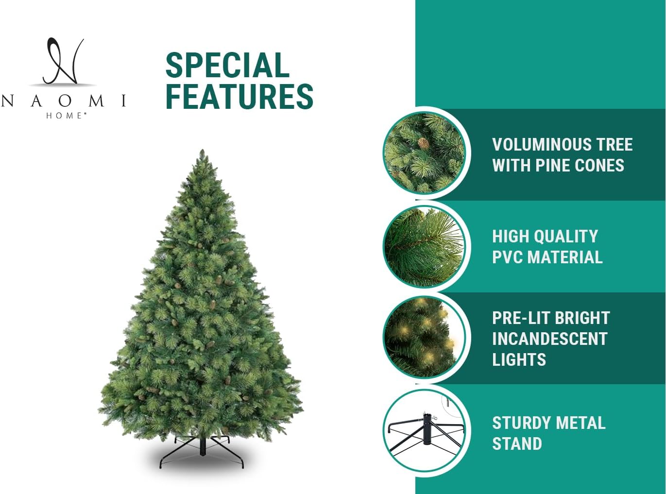 Naomi Home 4.5ft Christmas Tree with Lights, Realistic Traditional Prelit with Pine Cones, Foot Pedal 561 Branch Tips, 300 Warm Lights and Metal Stand, Aritificial Tree