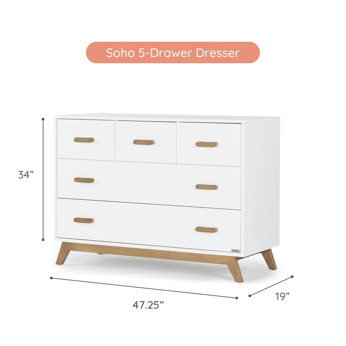 dadada Soho 5-Drawer Dresser for Nursery and Bedroom - Modern Design, Large Storage, Baby-Safe Finish, Soft Close Drawers, Anti-Tip Safety, Sturdy Legs & Solid Wood Handles, 47” Wide (White+Walnut)