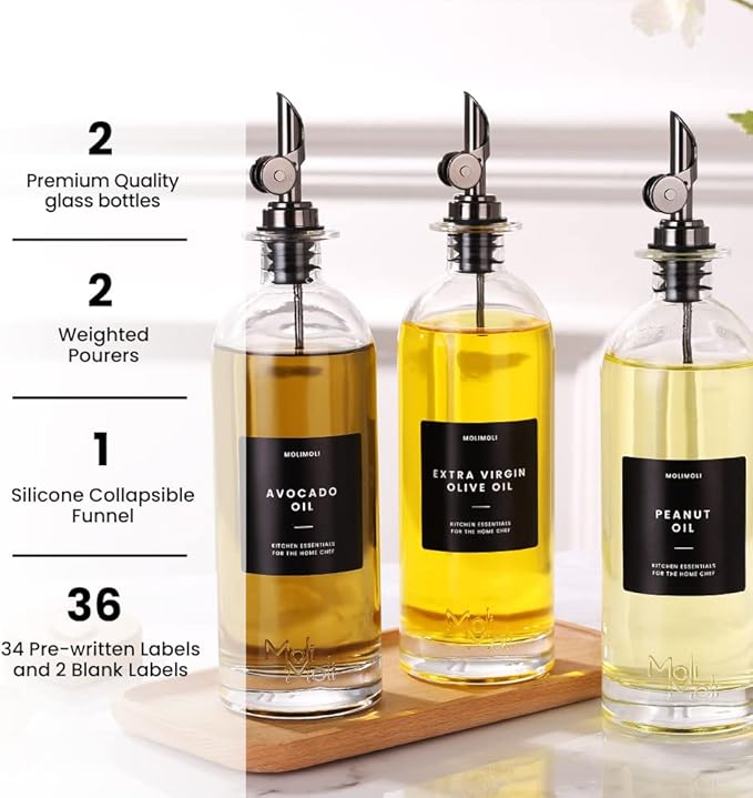 Molimoli Oil and Vinegar Dispenser with Metal Pour Spout, Weighted Pourer, Glass Bottle Dispenser for Kitchen, Olive Oil Cruet, Glass Olive Oil Bottle | 500ml, Set of 2