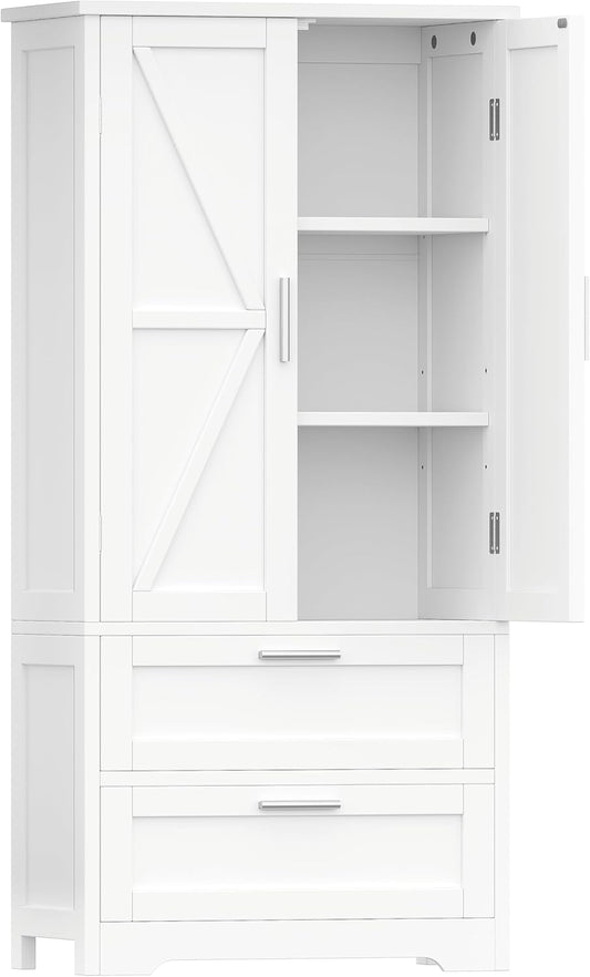 50.4" H Bathroom Storage Cabinet, Modern Floor Cabinet with Adjustable Shelf, Small Pantry with 2 Doors & Drawers, Storage Cabinet for Bathroom, Living Room, Kitchen, White KES007WCWG