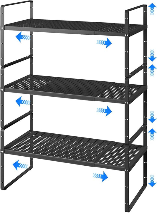 Expandable Cabinet Shelf Organizers, Kitchen Small Stand Rack Organization for Countertop Cupborad Pantry, Black 3 Pack