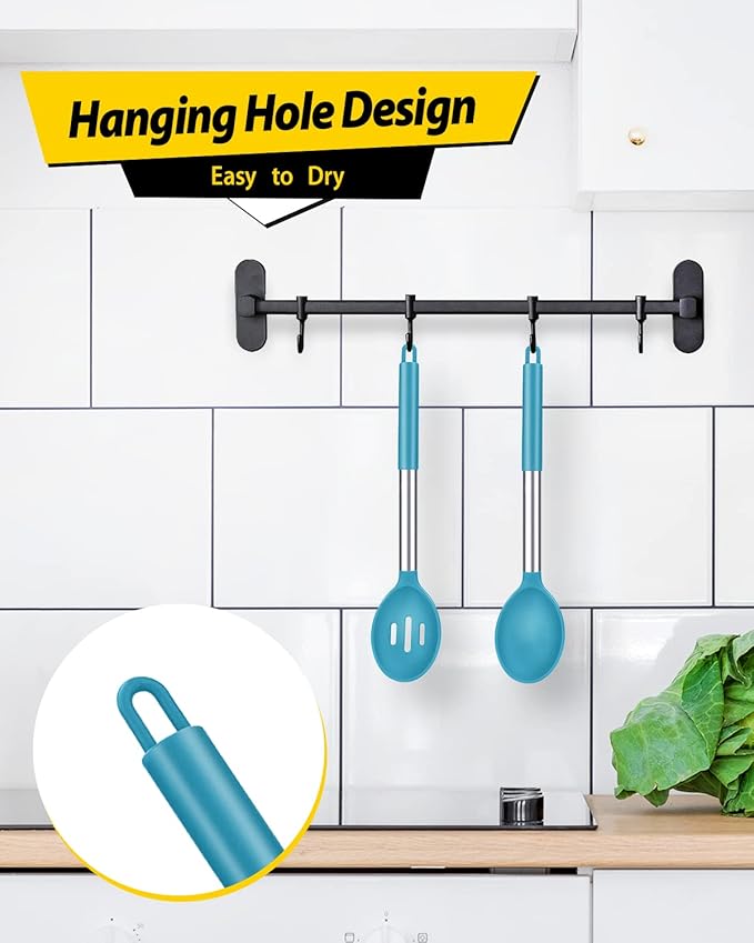 Pack of 2 Large Silicone Cooking Spoons,Non Stick Solid Basting Spoon,Heat-Resistant Kitchen Utensils for Mixing,Serving,Draining,Stirring (BLUE)