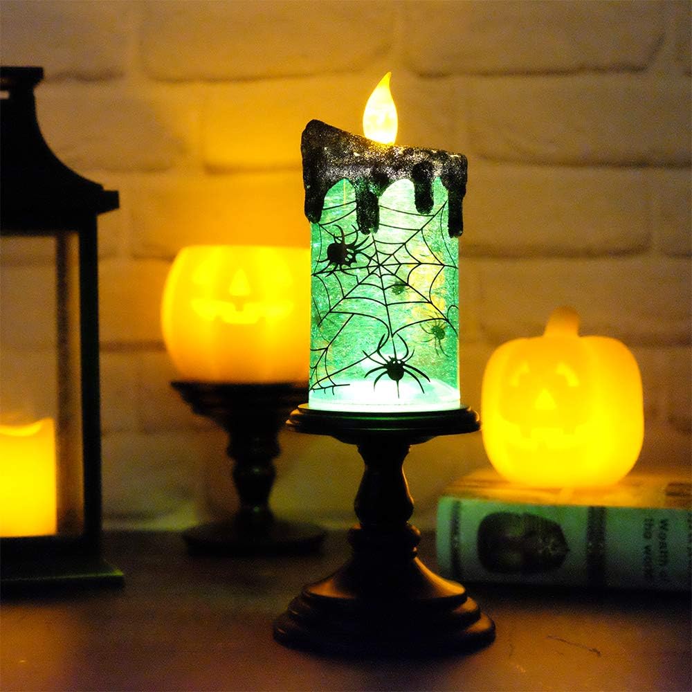 Eldnacele Halloween Snow Globe Candles Lighted Lamp, Battery Operated Spooky Spinning Water Glittering Tornado Candle Flameless Candles Table Centerpiece for Halloween Decoration Indoor(Spider)