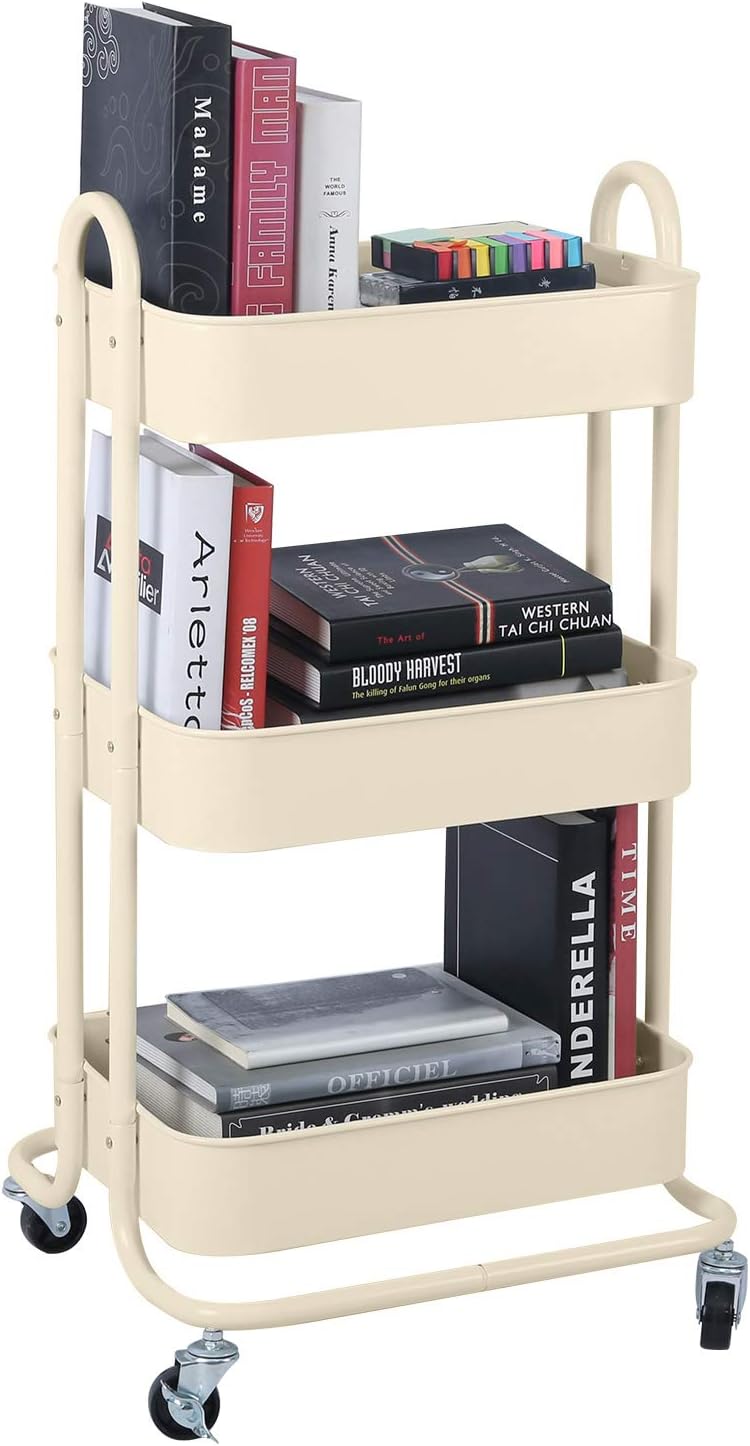 Melody House 3-Tier Metal Mesh Utility Rolling Cart Storage Organization Cart with Wheels, Beige