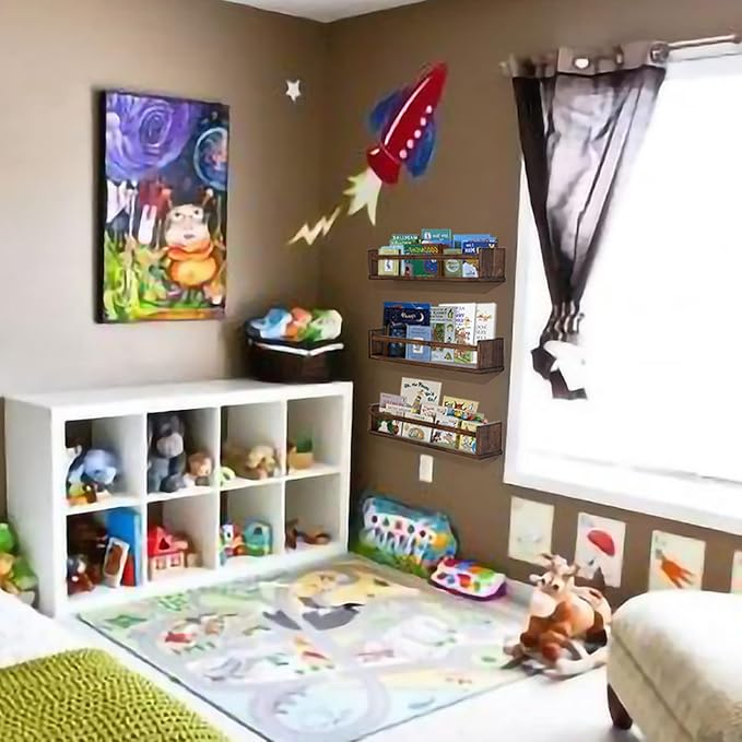 AZSKY Nursery Book Shelves 24 in Set of 3 Walnut Floating Bookshelf for Kids Room Wall Mounted Floating Shelves Solid Nursery Bookshelf Perfect Decor for Kitchen Bedroom Living Room