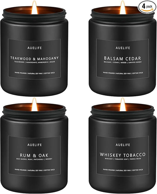 Scented Candles Set | Candle Gifts for Men - Masculine Candle, Soy Candles for Home Scented - 4 Pack Aromatherapy Gift for Dad Fathers Day- Scent of Teakwood & Mahogany/Whiskey Tobacco/Rum & Oak/Cedar