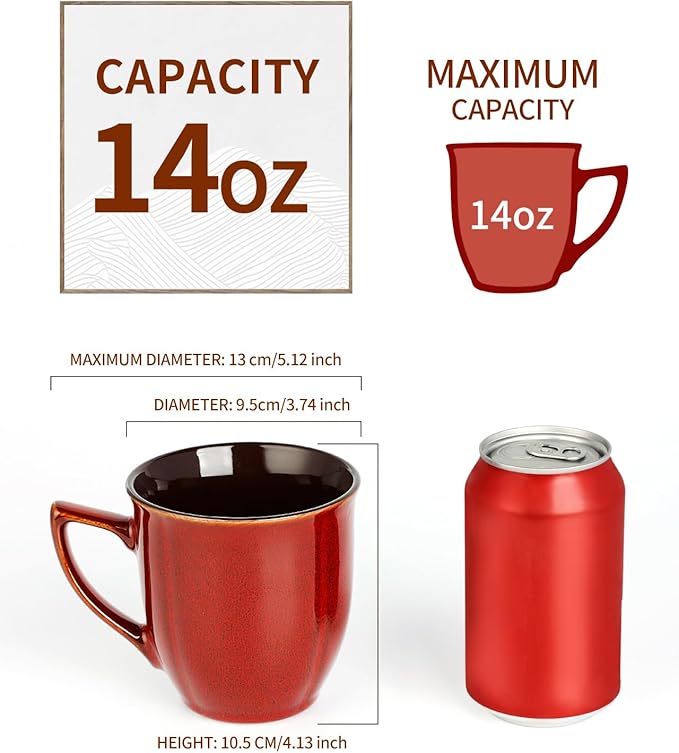 Ceramic Mugs 14 Oz,Mugs Set for Men Women, Ceramic Mugs Set with Large Handle for Coffee Tea Milk Cocoa, Coffee Cups Set of 6 Gift for Dad Mom,Easy to Clean & Hold, Microwave Safe.