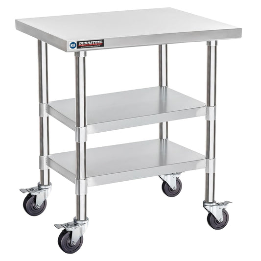DuraSteel Stainless Steel Work Table 30" x 24" x 34" Height w/ 4 Caster Wheels - Food Prep Commercial Grade Worktable - NSF Certified - Good for Restaurant, Business, Warehouse, Home, Kitchen, Garage