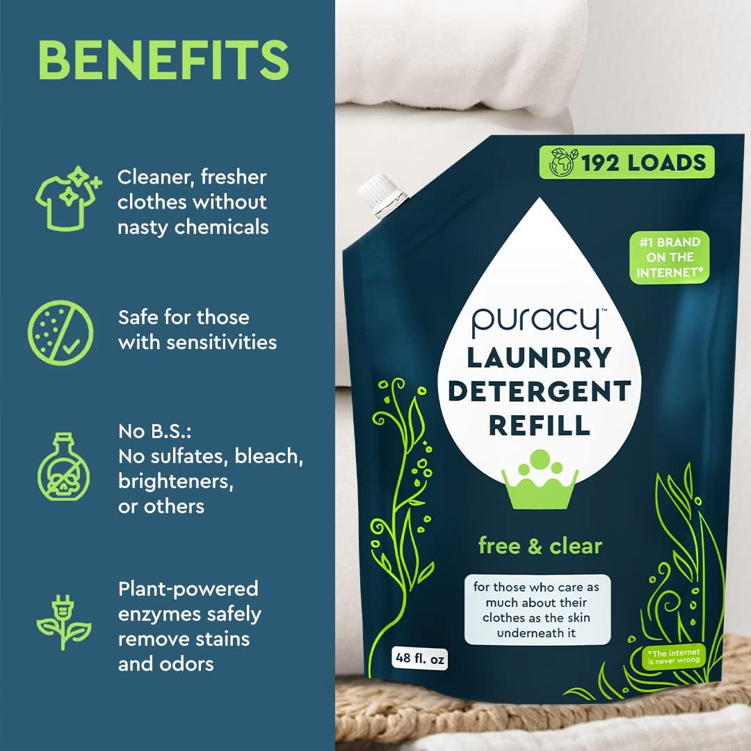 Puracy Laundry Detergent Refill - Enzyme-Powered Liquid Detergent Concentrate, Natural Laundry Detergent Seen on TikTok, Non-Toxic (Free & Clear, 48 fl oz, 192 Loads)