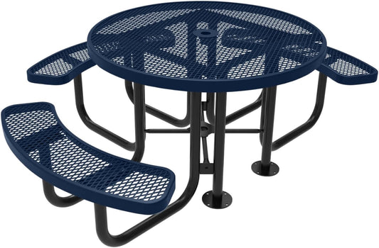 Heavy-Duty Portable Outdoor Picnic Table with Umbrella Hole, Expanded Metal Patio Dining Furniture Made in America (46" Round Top, Textured Dark Blue)