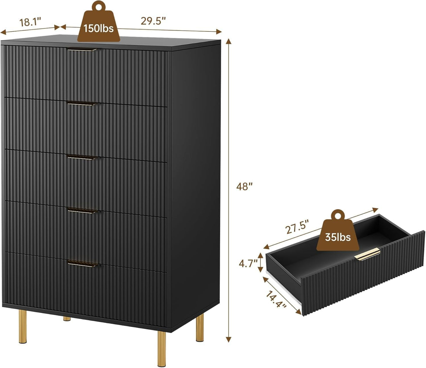 GAOMON 5 Drawer Dresser, Wood Chest of Drawers Organizer Storage with Gold Handle, Tall Storage Cabinet, Modern Design Dresser for Bedroom, Living Room, Closet, Hallway, Entryway, Black