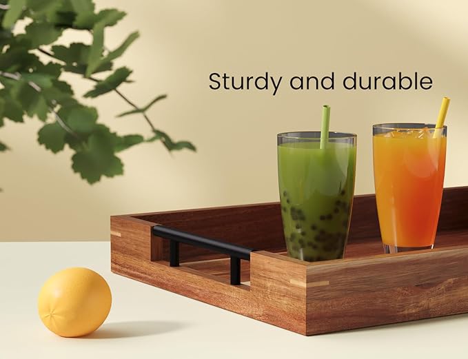 Acacia Wood Set of 2 Serving Tray with Metal Handles,Ottoman Decorative Trays Platter for Coffee Table,Living Room,Bar,Party