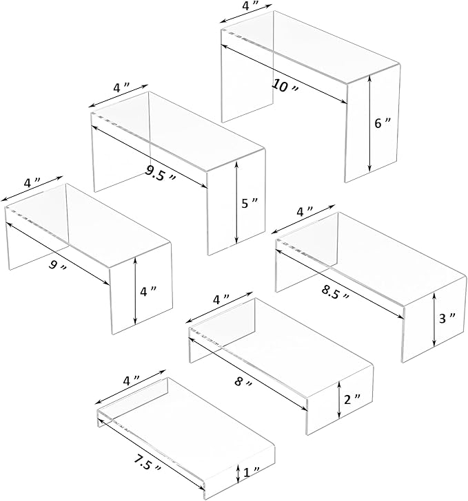 Acrylic Display Risers 6pcs, Clear Rectangular Display Organizer Stands, Acrylic Display for Funko Pop Figure, Desserts, Cupcake, Toys, Collectibles, Merchandises - 7.5''x8''x8.5''x9''x9.5''x10''