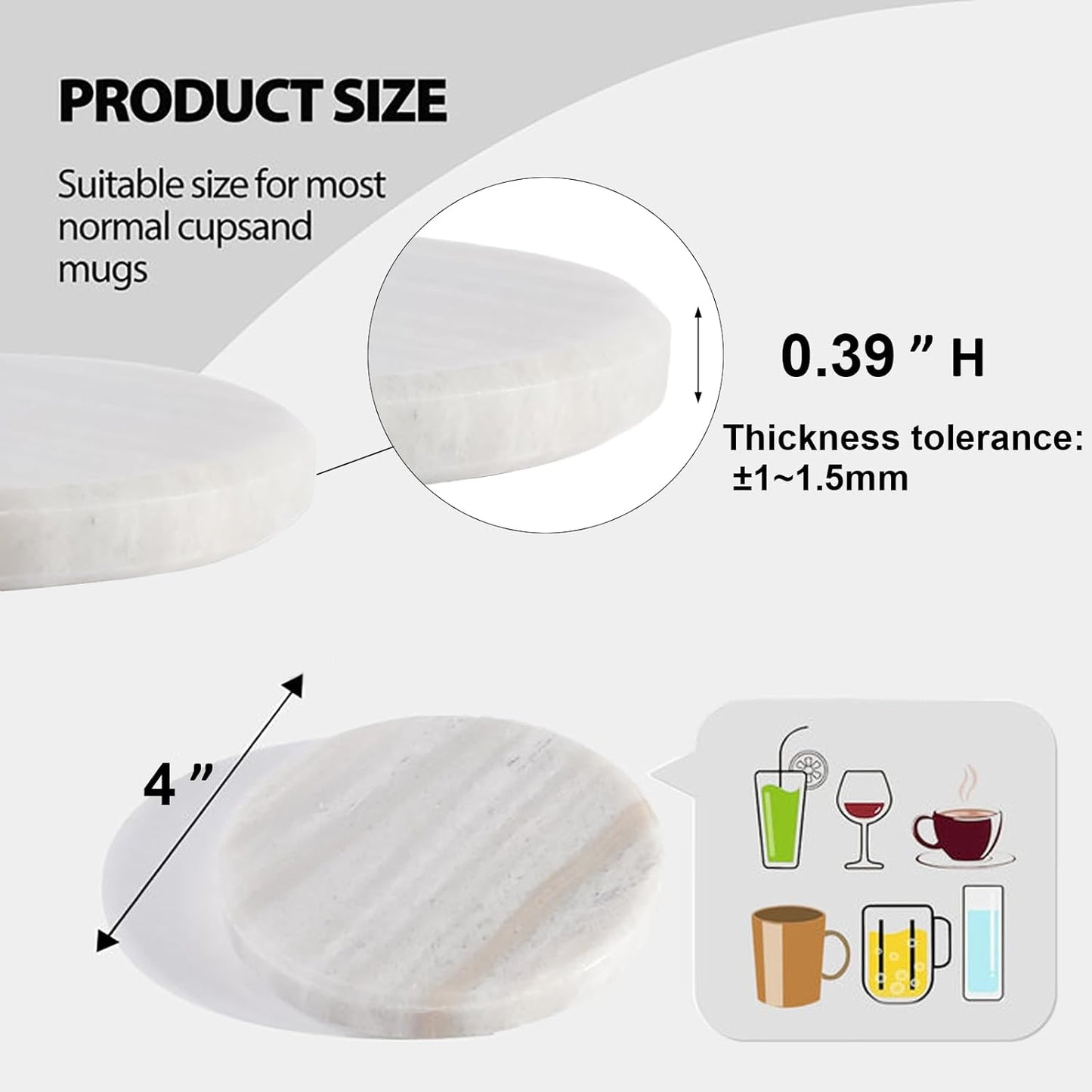 BCS Premium Marble Coasters Set of 6 with Holder - White Stone Drink Coasters for Coffee Table, Durable Cup Mats for Beer, Wine, Beverages - Elegant Home & Office Decor Present