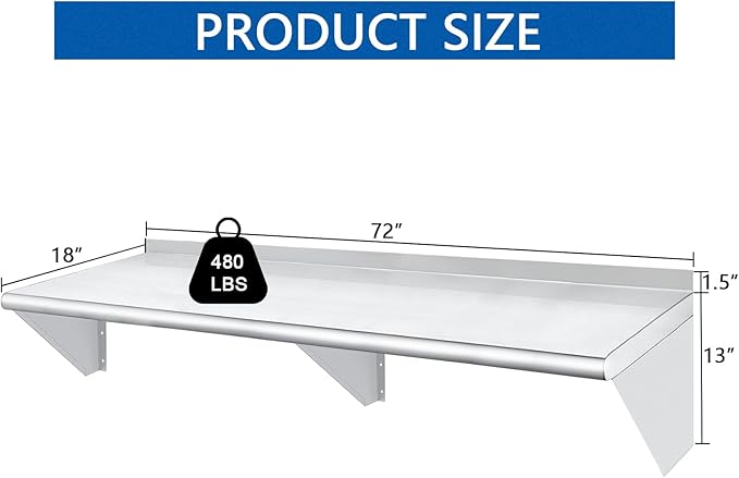 HARDURA Stainless Steel Shelf 18" x 72", 480lb Commercial Shelves Wall Mount Metal Shelving with Backsplash and Brackets for Kitchen, Restaurant, Laundry Room and Home