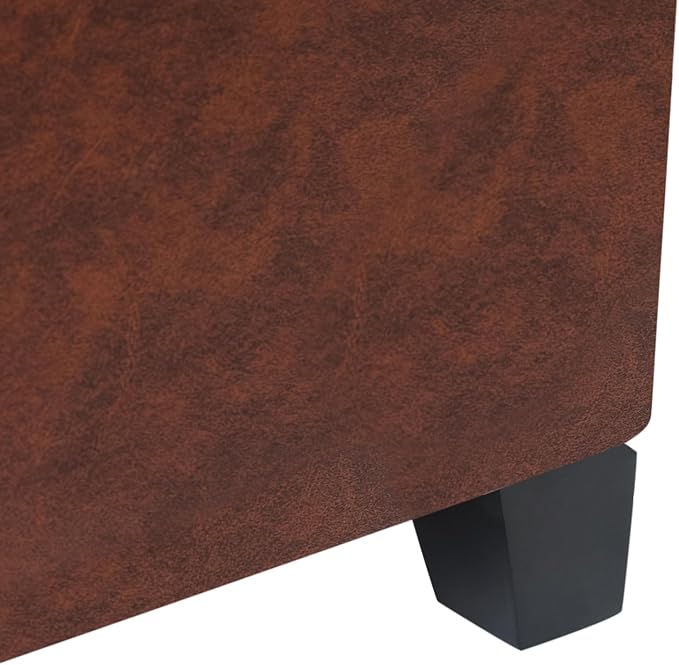 Adeco Faux Leather Storage Ottoman Bench with Wood Legs, 17.7" Square Red and Brown PU Cube Foot Stool, Upholstered Button Tufted Vanity Chair with Hinged Lid for Living Room, Bedroom, Dorm