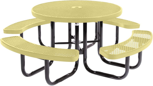 Coated Outdoor Furniture Heavy-Duty Portable Outdoor Picnic Table with Umbrella Hole, Expanded Metal Commercial-Grade Patio Dining Furniture Made in America (46" Round Top, Textured Sandstone)