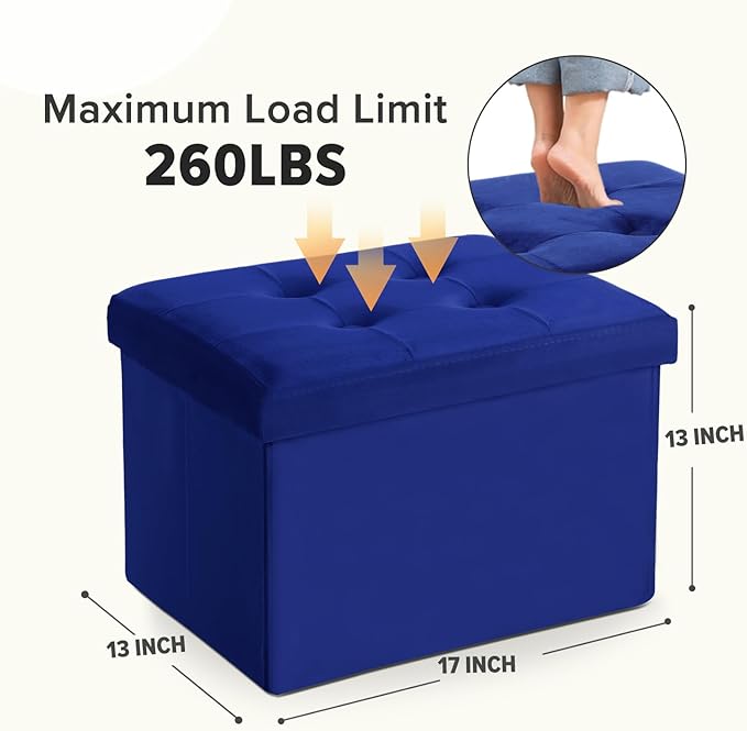 LINMAGCO Storage Ottoman Folding Foot Stool Velvet Foot Rest with Padded Modern Ottoman with Storage for Living Room Puppy Step Stool 17x13x13in(Navy)