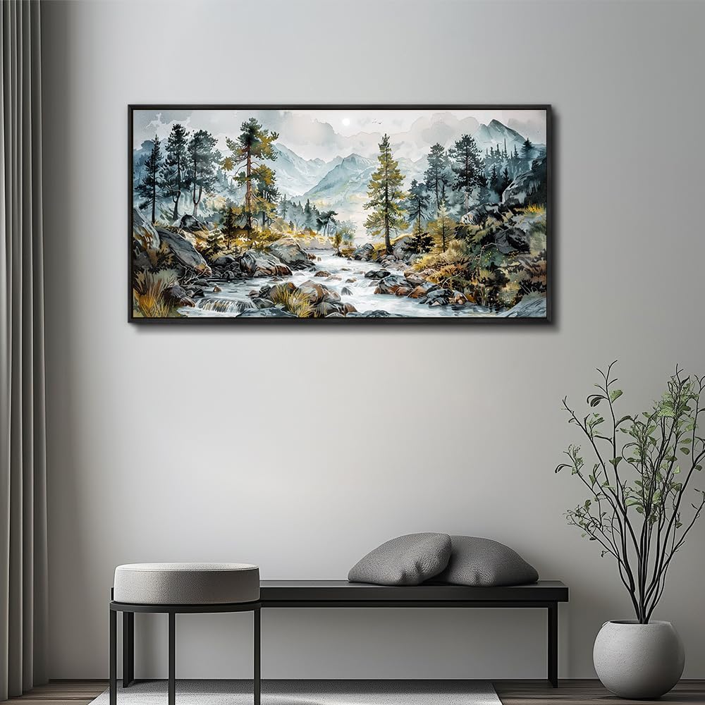 PHAOHUAXM Large Canvas Printing Artworks Wall Art For Bedroom Wall Decor For Living Room Office Home Decor Rivulet View Painting Forest Tree Landscape Watercolour Pictures Black Framed 30x60 In