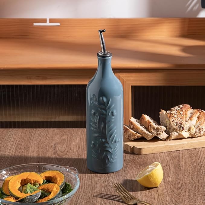 Sweejar Large Olive Oil Dispenser Bottle with Spout, 24 Oz Ceramic Oil Dispenser for Kitchen, Relief Opaque Oil Cruet, Oil Container for Cooking, EVOO, Avocado Oil, Vinegar, Pack of 1(Fog Blue)