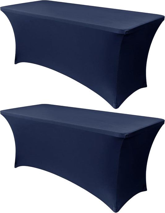 Obstal 8Ft Stretch Spandex Table Cover for Standard Folding Tables - 2 Pack Universal Rectangular Fitted Tablecloth for Party, Banquet, Events, Trade Show (Navy Blue, 96L x 30W x 30H Inches)
