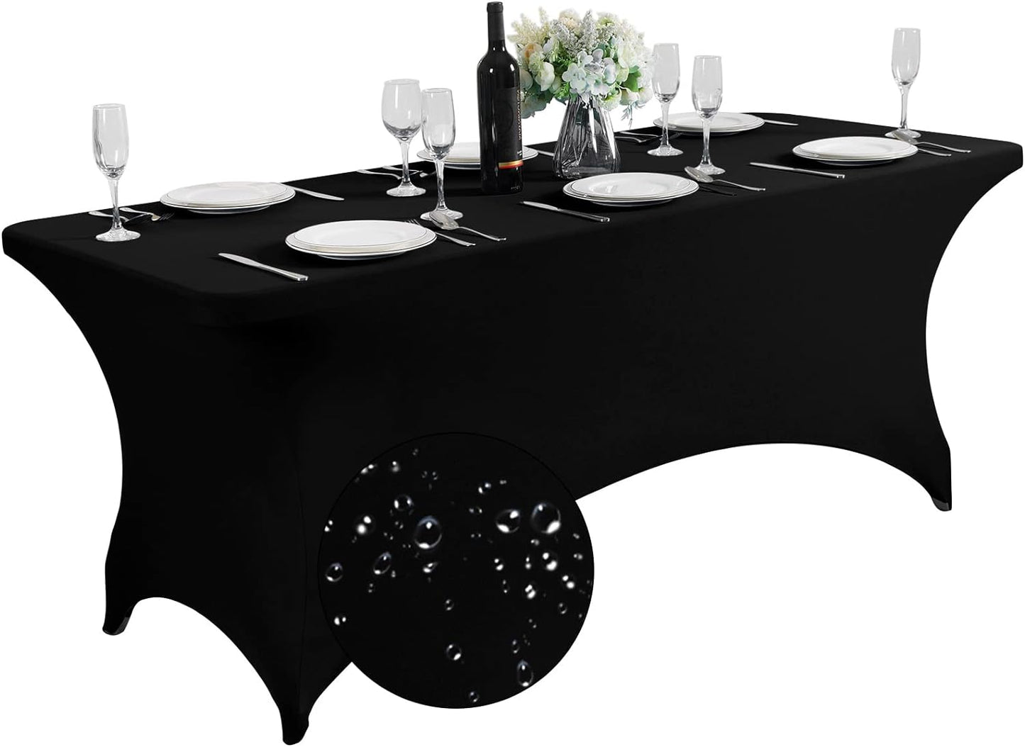 SuperO Waterproof Spandex Table Cover for 6FT Table Universal Fitted Stretch Tablecloth for Party, Banquet, Wedding and Events-Black