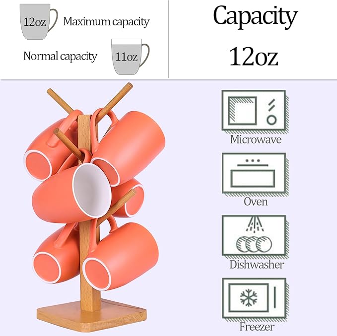 Coffee Mugs Set of 6, 12oz Ceramic Coffee Mugs with Handle, Matte Porcelain Orange Coffee Mug for Latte, Tea, Cocoa, Cappuccino, Cups for Women Men for Home Restaurant Mug (Orange)