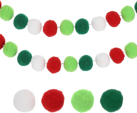 PATIKIL 13Ft Pom Pom Garland Decorations, 2Pcs Colorful Felt Ball Garland Banner Cute Rainbow Pompom Hanging Decorations for Tree Ornaments Homes Decor, Red/Green/White/Gray Green