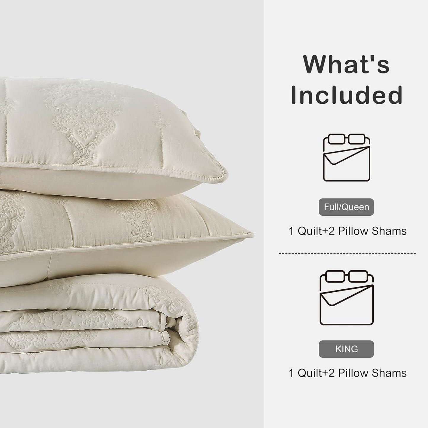 HORIMOTE HOME Ivory Quilt King Size Floral Quilt Bedspread Lightweight Soft Pre-Washed Microfiber Bedcover, 3 Pieces Thin Comforter Bed Cover Bedding Set for All Season