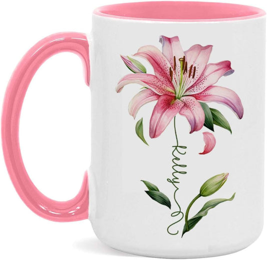 Customized Lily Flower Accent Cup, Novelty Flower Design Mug 11oz 15oz, Personalized Name Lily Lover Ceramic Cup, Custom Flower Decorative Mug, Unique Coffee Cup For Girl