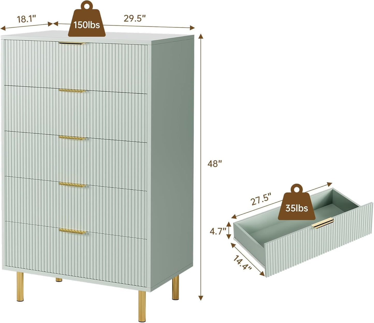 GAOMON 5 Drawer Dresser, Wood Chest of Drawers Organizer Storage with Gold Handle, Tall Storage Cabinet, Modern Design Dresser for Bedroom, Living Room, Closet, Hallway, Entryway, Green