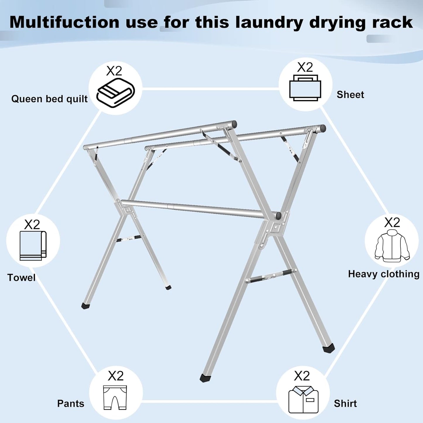 Sillars Clothes Drying Rack, 63 inches Laundry Drying Rack Clothing Foldable & Collapsible Stainless Steel Heavy Duty Clothing Drying Rack with Windproof Hooks for Indoor Outdoor