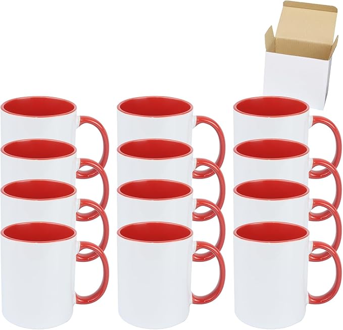 11oz White Ceramic Sublimation Coffee Mug in White Gift Box, Red, Case of 12