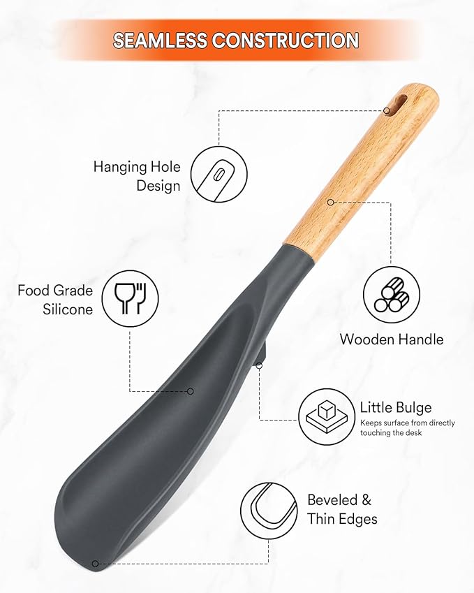 Cooking Spoon for Nonstick Cookwares, Great for Cooking and Serving Sturdy BPA-Free Matte Silicone, Wood Handle Spoon for Mixing, Scoop, and Scrape (Black & Grey, 11.4 inch)