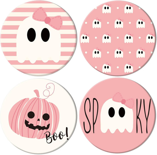 Whaline 4Pcs Halloween Ceramic Coasters Pink Ghost Pumpkin Drink Coasters Absorbent Cup Mat for Mug Cup Home Kitchen Party Table Decor