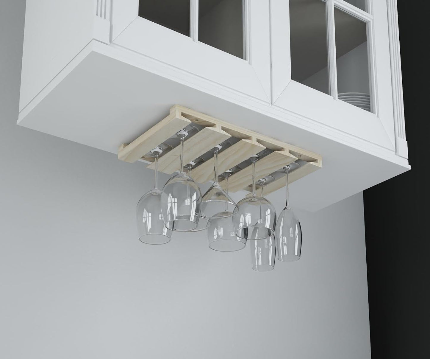 Rustic State Eze 4 Sectional Under Cabinet Mount Wood Stemware Rack Hanging Shelf Glassware Holder Bar Organizer with up to 12 Wine Glass Storage 12 Inch Deep Natural