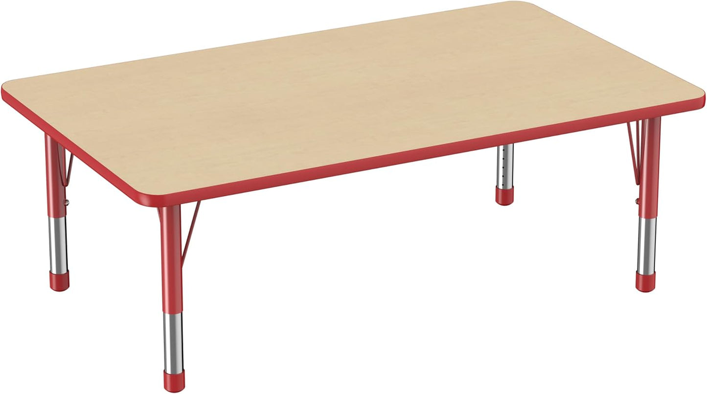 Factory Direct Partners FDP Rectangle Activity School and Classroom Kids Table (36 x 60 inch), Toddler Leg, Adjustable Height 15-24 inches - Maple Top and Red Edge