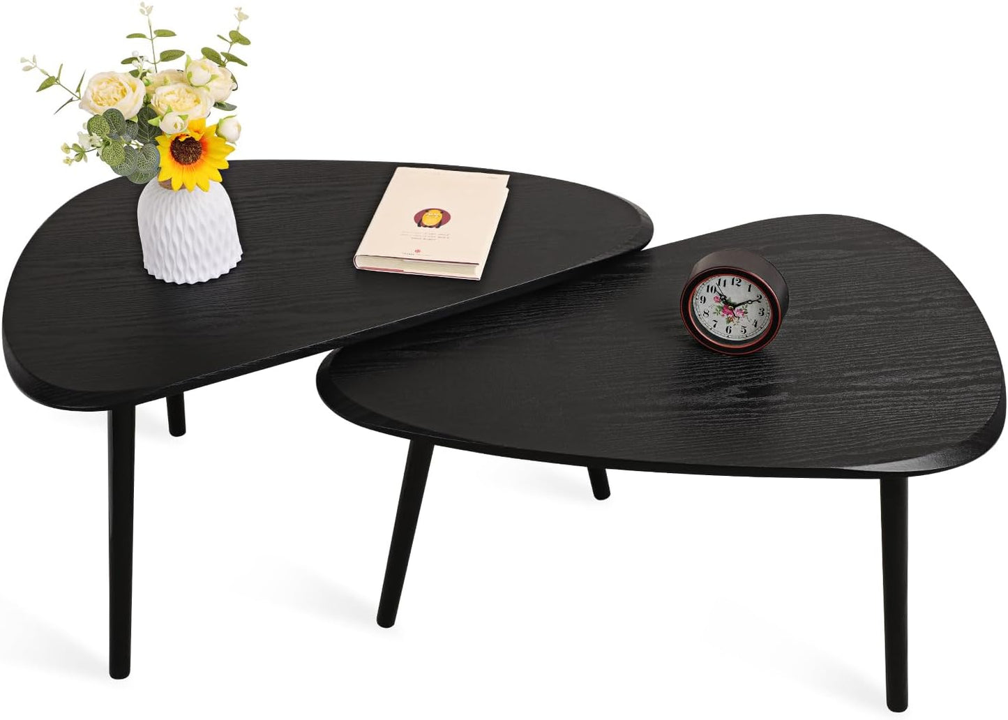 Black Nesting Coffee Tables Set of 2 End Bamboo Table for Living Room Bedroom Apartment Modern Industrial Simple Nightstand 32" D x 20" W x 18.5" H