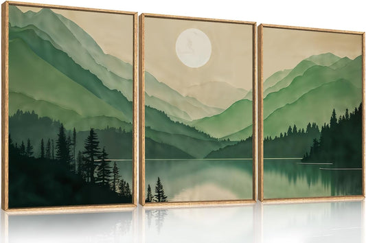 Celestdeco Watercolor Mountains Framed Canvas Wall Art Set, Boho Sun Forests Wall Decor, Green Scenery Wall Painting, Modern Woodland Artworks for Living Room, Bedroom, Dining Room, Office - 16"x24"x3