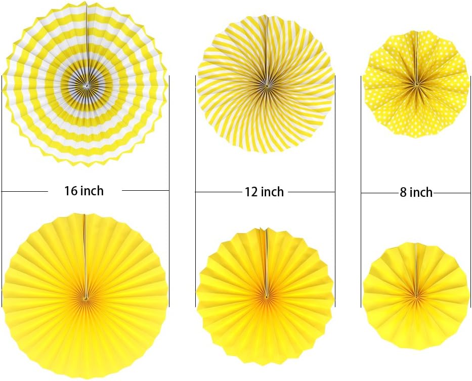 ADLKGG Party Hanging Paper Fans Set, Yellow Round Pattern Paper Garlands Decoration for Birthday Wedding Graduation Events Accessories, Set of 6