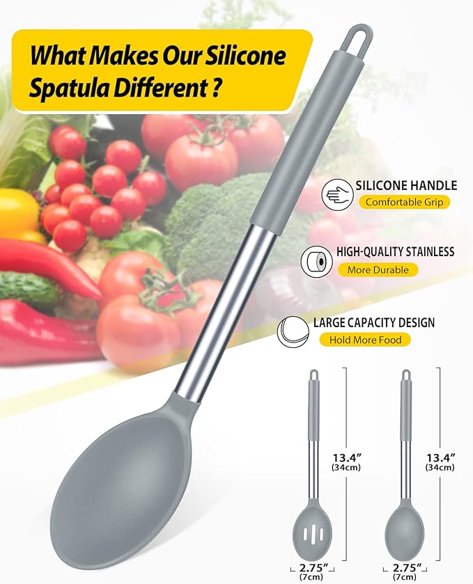 Pack of 2 Large Silicone Cooking Spoons,Non Stick Solid Basting Spoon,Heat-Resistant Kitchen Utensils for Mixing,Serving,Draining,Stirring (GREY)