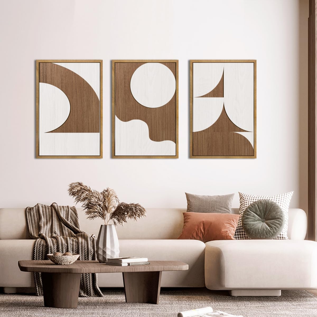 Large Abstract Brown and Beige Wall Art Set Modern Geometric Wood Grain Wall Decor Minimalist Neutral Mid Century Artwork Bohemian Art Decor for Living Room Bedroom Office-16x24Inch x3